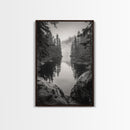 Misty Forest, River Reflection, Foggy Pines, Mountain Silence, Framed Canvas Print, Bedroom Wall Art, Tranquil Nature Photography, Zen Decor