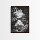 Serene River Reflection, Cave View, Monochrome Nature, Framed Canvas Print, Living Room Wall Art, Tranquil Landscape, Minimalist Decor