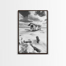 Frozen Cabin Scene, Snowy Landscape, Winter Monochrome, Canvas Print, Cabin Wall Art, Rustic Winter Decor, Nature Photography
