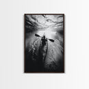 Kayaking Exploration, River Reflections, Adventure Sport, Framed Canvas Print, Office Wall Art, Moody Travel Photography, Nature Wall Decor