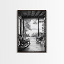 Rustic Porch View, Cabin Serenity, Lakefront Rocking Chairs, Framed Canvas Print, Farmhouse Wall Art, Living Room Decor, Fall Home Style