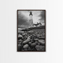 Lighthouse Shore Rocks, Coastal Beacon, Moody Clouds, Framed Canvas Print, Nautical Wall Art, Rustic Beach House Decor, Fall Storm Style