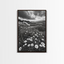 Meadow Bloom, Coastal Flowers, Stormy Sky, Framed Canvas Print, Spring Wall Art, Nature Photography, Kitchen Botanical Decor