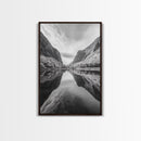 Fjord Reflection, Mountain Valley Calm, Mirror Lake, Canvas Print, Hallway Wall Art, Scandinavian Style Art, Black and White Minimalist