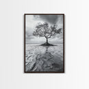 Lonely Tree, Coastal Roots, Ocean Breeze, Framed Canvas Print, Entryway Wall Art, Moody Nature Photography, Minimalist Earth Tones