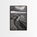 Winding Stream, Grassy Dunes, Ocean Horizon, Canvas Print, Kitchen Wall Art, Black and White Nature Scene, Coastal Rustic Decor