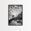 Mediterranean Villa, Palm Tree Art, Coastal Pathway, Framed Canvas Print, Living Room Decor, Summer Wall Art, Black and White Photography
