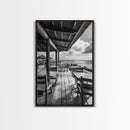 Seaside Café, Coastal Patio, Ocean View, Canvas Print, Rustic Kitchen Wall Art, Tropical Dining Decor, Travel Lifestyle Art