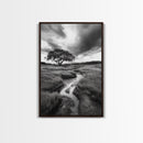 Solitary Tree, Storm Sky, Tranquil Meadow, Nature Landscape, Framed Canvas Print, Rustic Decor, Fall Wall Art, Bedroom Minimalist Art