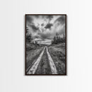 Forest Trail, Overcast Sky, Nature Pathway, Moody Landscape, Framed Canvas Print, Office Wall Art, Woodland Autumn Decor