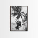 Tropical Bull, Palm Tree, Island Wildlife, Rural Photography, Framed Canvas Print, Kitchen Wall Art, Exotic Boho Decor, farmhouse decor
