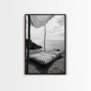 Seaside Nap, Minimal Daybed, Coastal Shade, Serene Moment, Canvas Print, Beach Bedroom Decor, Boho Seaside Art, Coastal Wall Style
