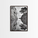 Reflected Trees, Peaceful Cove, Monochrome Seascape, Tranquil Decor, Framed Canvas Print, Zen Wall Art, Entryway Print, Coastal Calm
