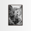 Mountain Gorge, Rugged Canyon, Flowing Stream, Wilderness Explorer, Framed Canvas Print, Cabin Wall Art, Adventurous Rustic Style