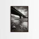Stormy Bridge, River Rocks, Dramatic Sky, Modern Landscape, Framed Canvas Print, Moody Photography, Office Wall Art, Minimalist Decor