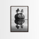 Island Reflection, Twin Trees, Still Water, Minimal Seascape, Framed Canvas Print, Bedroom Wall Art, Zen Decor, Black and White Art