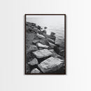 Shore Rocks, Sunlit Ocean, Rugged Texture, Minimal Horizon, Framed Canvas Print, Entryway Wall Art, Beach Decor, Neutral Tones