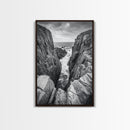 Ocean Cliff Pass, Rugged Coastal Rocks, Nature Power, Monochrome Framed Canvas Print, Moody Bathroom or Masculine Office Art