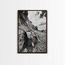 Deserted Leather Satchel, Coastal Adventure, Weathered Texture, Black and White Canvas Print, Vintage Office or Studio Wall Art