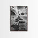 Ocean Rocks, Beach Landscape, Cloudy Sky, Rugged Coast, Canvas Print, coastal adventure wall art, living room decor, nature lover gift