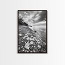 Flower Shore, Peaceful Beach, Moody Sky, Petal Scape, Framed Canvas Print, romantic beach art, bedroom decor, black and white floral print
