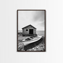 Shore Cabin, Rowboat Rest, Coastal Cabin, Serene Shoreline, Canvas Print, Lake House Wall Art, Rustic Decor, Living Room Seaside Art