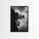 Stormy Cliffs, Ocean Fog, Monochrome Coast, Wild Nature Framed Canvas Print, moody wall art, rustic living room decor, dark aesthetic