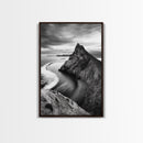 Mountain Peak, Coastal Horizon, Nature Majesty, Serene Edge Framed Canvas Print, modern landscape art, minimalist bedroom decor