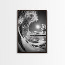 Wave Photography, Surfer Dream, Sea Curl Motion, Framed Canvas Print, Coastal Wall Art, Beach House Decor, Monochrome Ocean Style