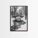 Stone Bridge, Winter Stream, Historic Pathway, Framed Canvas Print, Snowy Landscape Art, Traditional Living Room Wall Decor