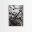 Ocean anchor scene, nautical coastal vibes, shipwreck inspiration, stormy sky, Framed Canvas Print, entryway art, maritime wall decor
