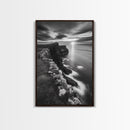 Rugged Sea Cliffs, Sunset Horizon, Serene Waters, Framed Canvas Print, Modern Nature Wall Art, Office Decor, Coastal Aesthetic