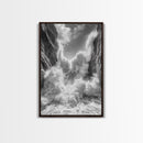 Ocean Splash, Cliff Waves, Nature Power, Dramatic Seascape, Framed Canvas Print, Living Room Statement, Black and White Wall Art