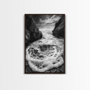 Sea Whirlpool, Dramatic Ocean, Coastal Rocks, Nature Motion, Framed Canvas Print, Bathroom Art, Modern Seaside Wall Decor