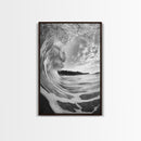 Ocean Wave Tunnel, Surfer's Eye View, Coastal Landscape, Bathroom Wall Art, Adventure Vibes, Framed Canvas Print, Black White Photography