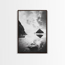 Remote beach reflection, lone hiker wanderlust, coastal rockscape, black white dreamscape, Framed Canvas Print, living room moody decor