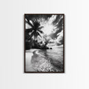 Tropical Sunset Beach, Palms and Waves, Cloudy Skies, Island Vibes, Framed Canvas Print, Coastal Wall Art, Beach House Decor