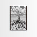 Half Underwater Tree, Split View Nature, Aquatic Roots, Stormy Skies, Framed Canvas Print, Coastal Wall Art, Unique Nature Photography