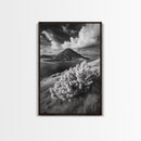 Majestic Volcano, Wild Grass, Black and White, Framed Canvas Print, Nature Photography, Office Decor, Moody Art, Rustic Wall Art