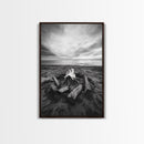 Coastal campfire glow, serene seaside bonfire, sunset flames, sandy warmth, Framed Canvas Print, Fall decor, cozy cabin wall art