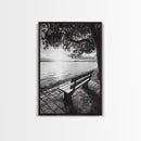 Peaceful Lake Bench, Tranquil Sunrise, Tree Shade View, Nature Serenity, Framed Canvas Print, Minimalist Art, Bedroom Wall Decor