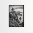 Oregon Coastline View, Misty Cliffs, Evergreen Forest, Coastal Vibes, Framed Canvas Print, Rustic Cabin Art, Living Room Wall Decor