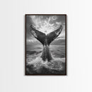 Whale Tail Splash, Ocean Sunset, Marine Majesty, Powerful Moment, Framed Canvas Print, Nautical Art, Coastal Living Room Decor