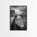 Docked Rowboat Scene, Calm Harbor, Coastal Village, Still Waters, Framed Canvas Print, Seaside Art, Beach House Wall Decor