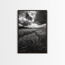 Golden Grass Field, Dramatic Sunset, Autumn Skies, Nature Movement, Framed Canvas Print, Fall Landscape Art, Living Room Decor