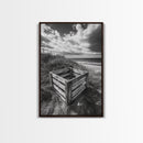 Weathered Crate, Ocean Dunes, Coastal Photography, Canvas Print, Beach House Wall Art, Minimalist Rustic Decor, Bathroom Wall Art