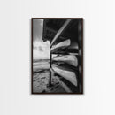 Canoes, Rack, Ocean, Shelter - Surf shack vibes with coastal canoe stack, Framed Canvas Print, great beach house or boho hallway art, grayscale