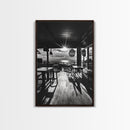 Ocean, Deck, Sunset, Rays - Golden hour beach bar shadows, Canvas Print, perfect dining room or kitchen wall art, rustic coastal decor