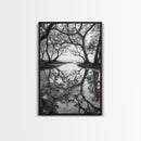 Misty Forest Trees, Reflection Photography, Nature Landscape, Canvas Print, Neutral Tones, Bedroom Wall Decor, Moody Autumn Forest Art