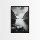 Mountain Lake, Nordic Fjord, Moody Water, Framed Canvas Print, Minimalist Wall Art, Serene Living Room Decor, Monochrome Nature Scene